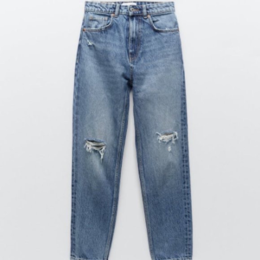 zara navy blue distressed high waisted mom jeans